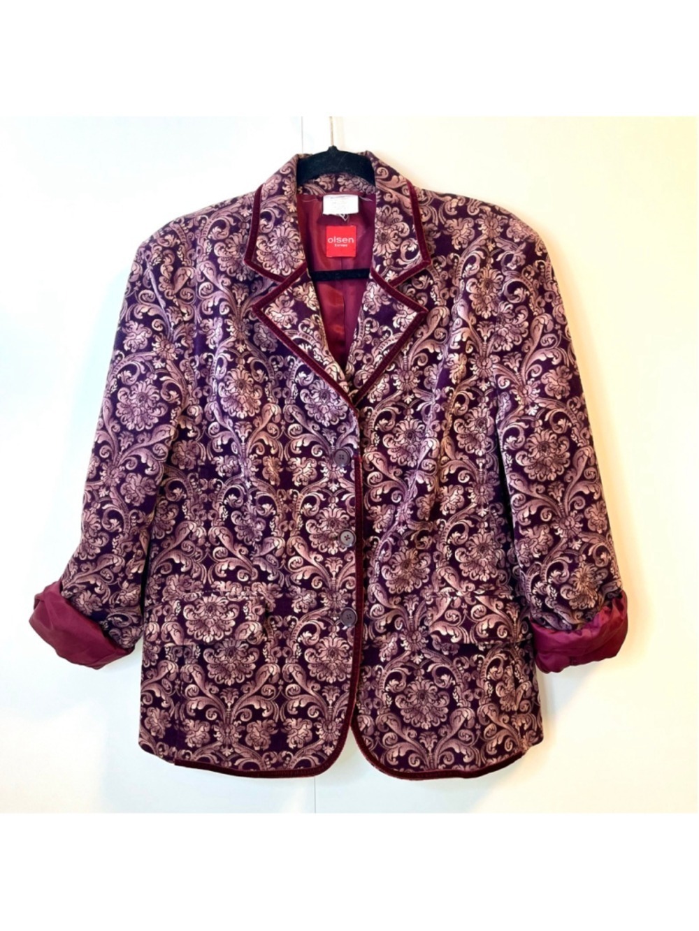 Olsen Europe Plum Purple Velvet Floral Baroque Blazer Jacket Vintage Y2K Size 12 - Picture 6 of 14